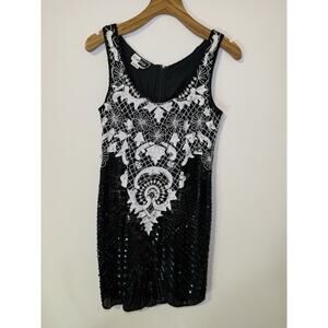 VTG Carina Womens Beaded Dress M Black 90s Sequin SILK Party Formal Floral